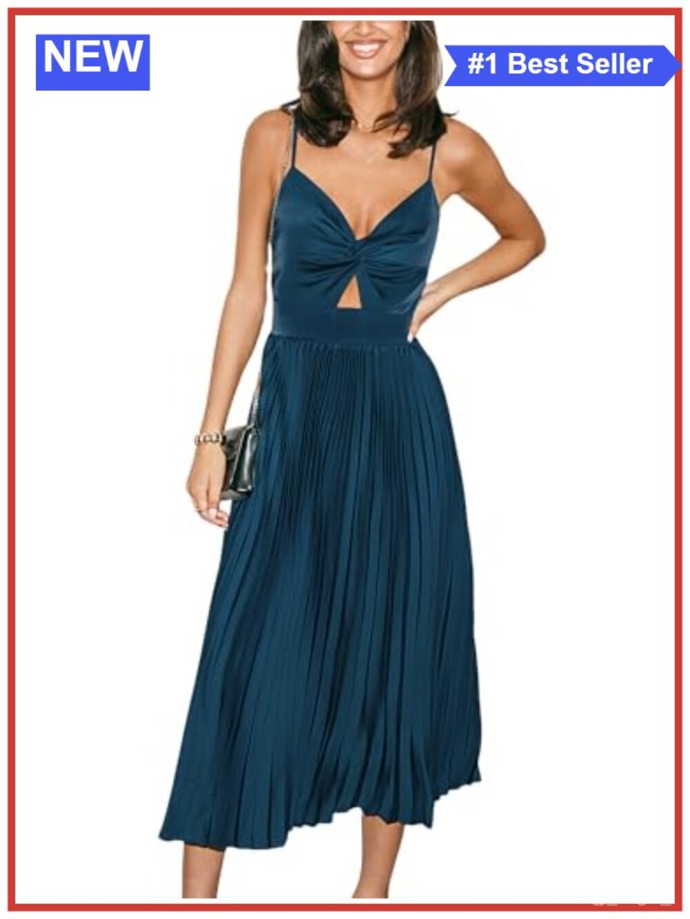 Women Pleated Cutout Midi Dress Spaghetti Strap Sweetheart Semi Formal